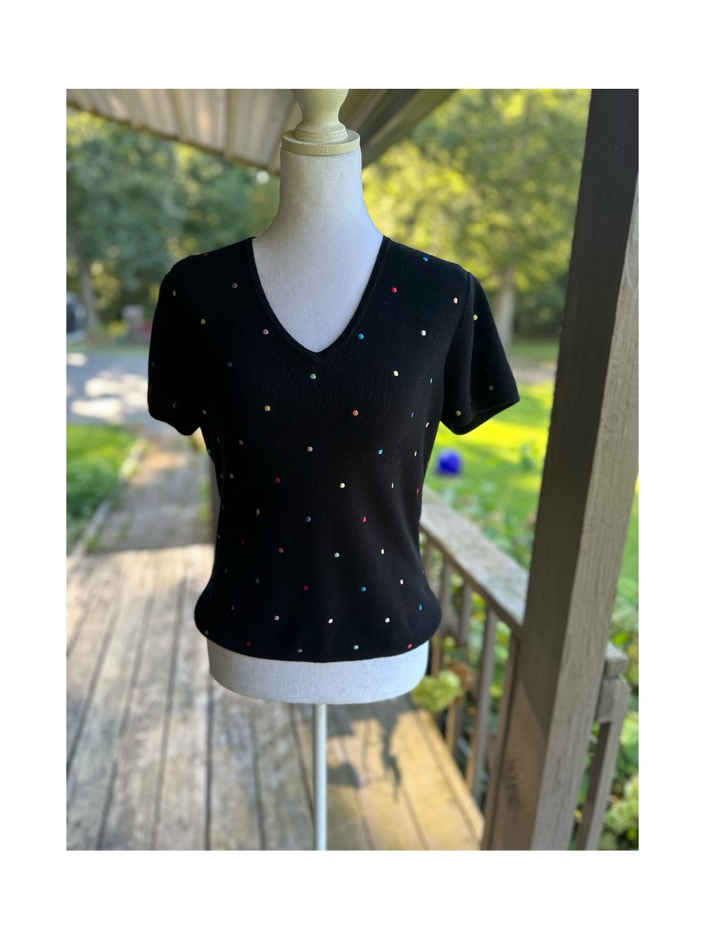 A. Giannetti Vintage Black V-Neck Short Sleeve Sweater with Polka Dots Size M